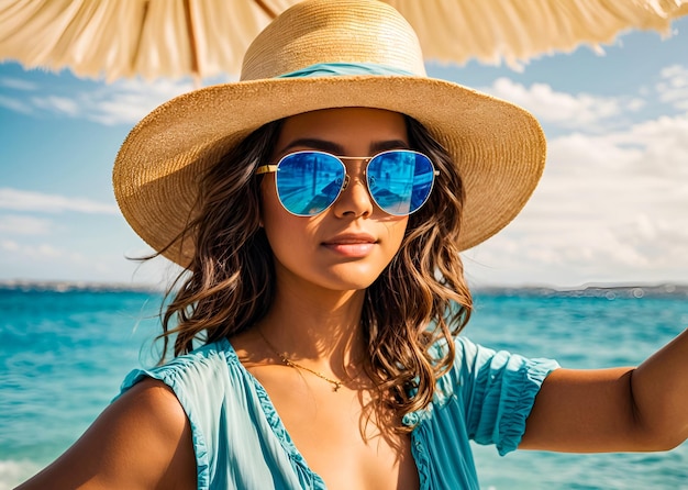Beach Vibes Selfie Eine Frau in Strandkleidung macht ein Selfie, das ein weiches Sommergefühl ausstrahlt