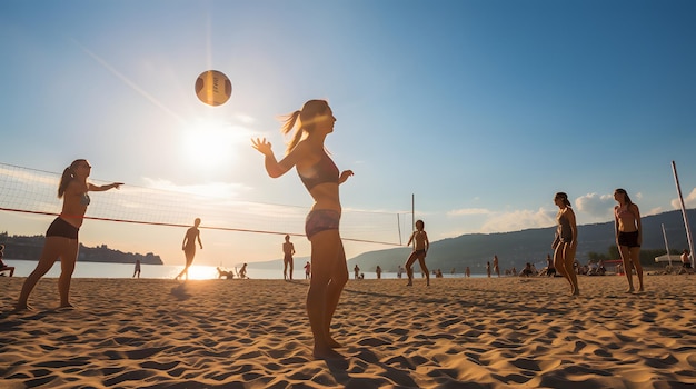 Beach-Volleyball-Spieler in der Mitte des Spiels an einem sonnigen Strand