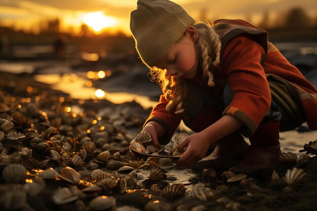 Beachcomber recogiendo conchas durante la hora dorada