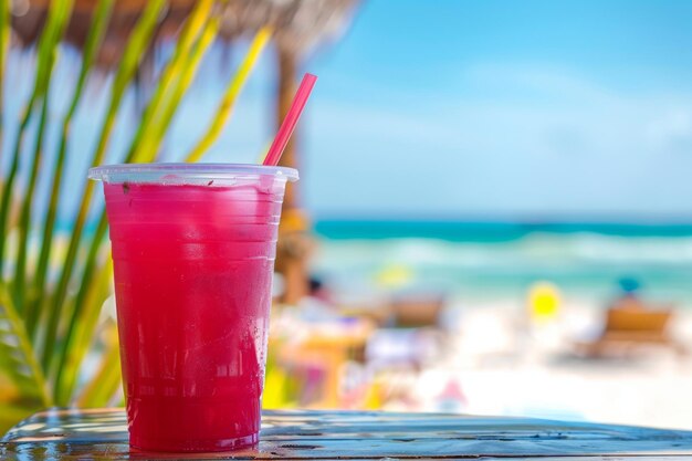 Foto beachside quencher uma bebida vermelha refrescante em um copo de plástico descansando em uma mesa de madeira abraçando as vibrações costeiras