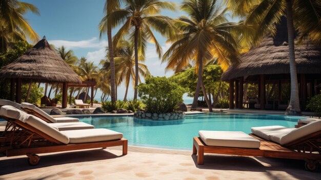 Beachside Resort Pool mit Liegestühlen und Regenschirmen