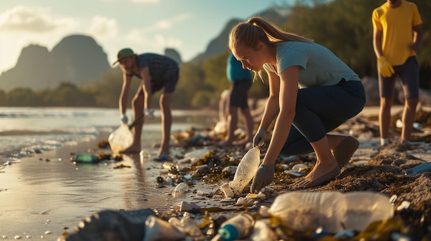 BeachUp Clean Effort Fotografa voluntários coletando lixo e detritos plásticos de uma praia enfatizando o impacto da poluição na vida marinha