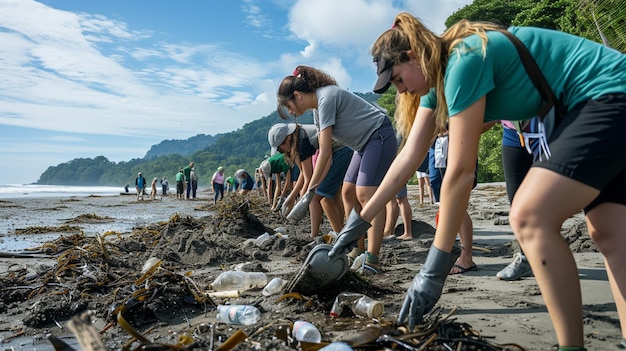 BeachUp Clean Effort Fotografía de voluntarios recogiendo basura y desechos plásticos de una playa haciendo hincapié en el impacto de la contaminación en la vida marina