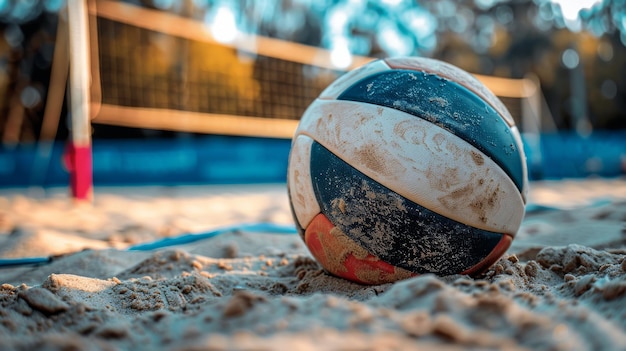 Foto beachvolleyball auf dem sand mit dem netz im hintergrund aktive sommerferien olympische spiele
