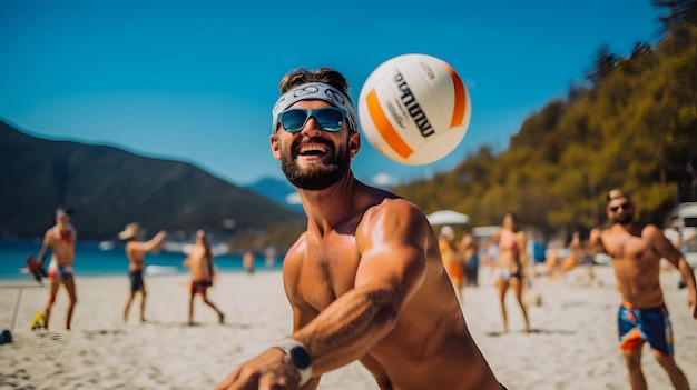 Beachvolleyball-Spiel mit Profi-Spielern und intensiver Konkurrenz