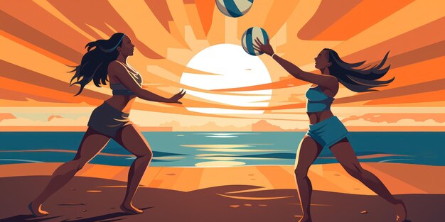 Beachvolleyball zwei Frauen spielen Volleyball im Sand und in der Sommersonne Fitness Vielfalt und Sport