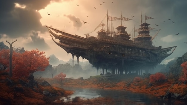 Beängstigende Fantasy-Landschaft mit fliegendem Schiff Generative KI