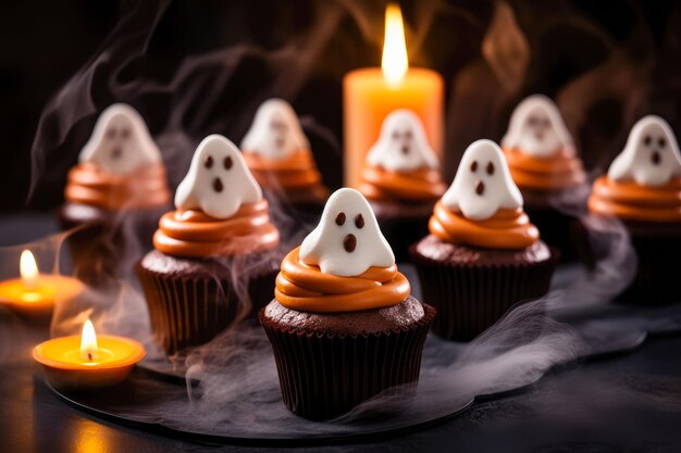 Foto beängstigende halloween-cupcakes auf dunklem hintergrund generative ki