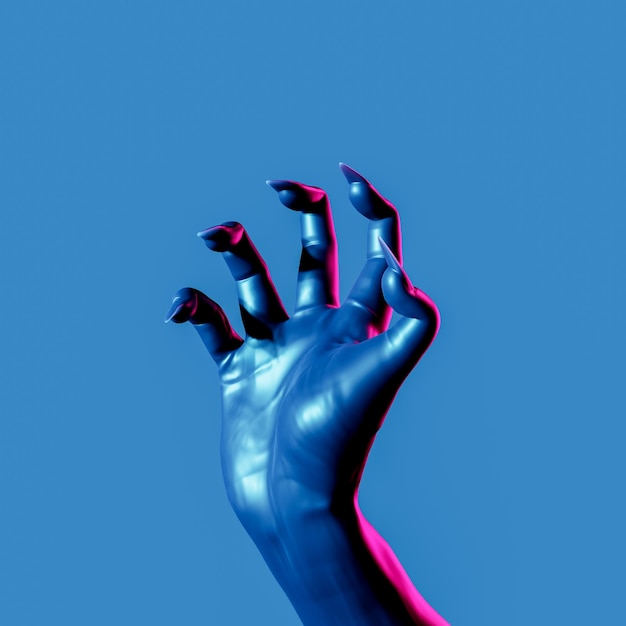 beängstigende Hand eines Zombies mit Klauen heraus mit Neonbeleuchtung. Halloween-Konzept. 3D-Rendering