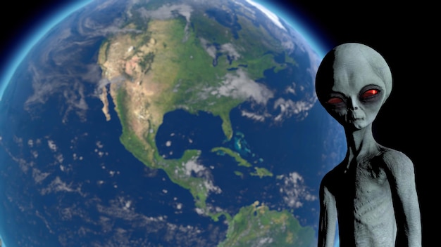 Foto beängstigender grauer außerirdischer steht auf dem mond und blinkt planet erde ist sichtbar ufo futuristisches konzept 3d-rendering