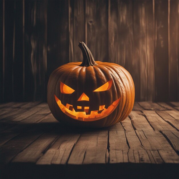 Beängstigender Halloween-Kürbis auf einem hölzernen Hintergrundtisch und Tapeten