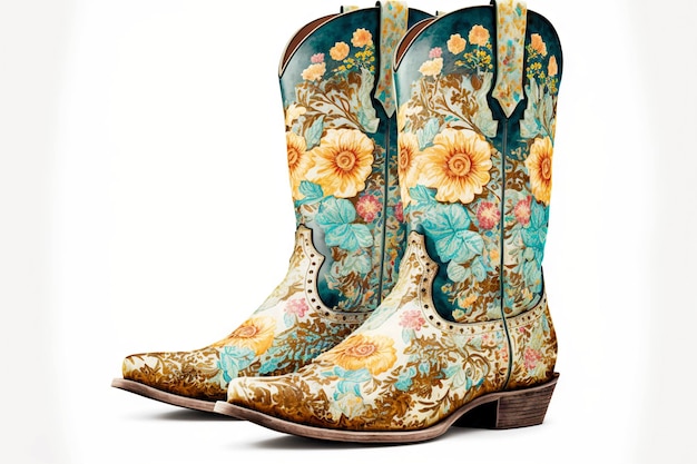 Beaful botas vaqueras con patrón floral aislado sobre fondo blanco.