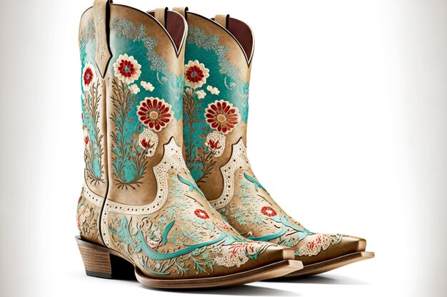 Beaful botas vaqueras con patrón floral aislado sobre fondo blanco.