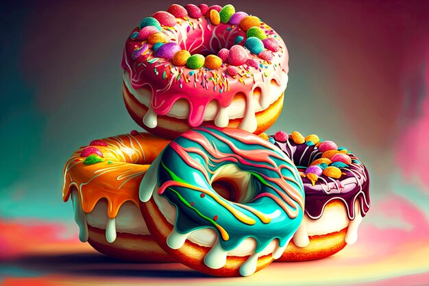 Beaful deliciosos donuts con capas multicolores de varios rellenos de crema