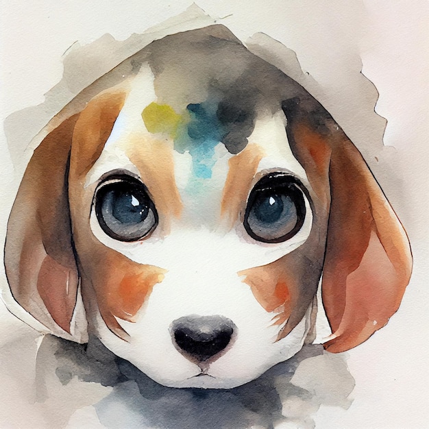 Beagle. Adorable cachorro de perro. Ilustración de acuarela con manchas de color. Todas las razas de perros