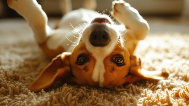 Foto beagle brincalhão deitado de cabeça para baixo num quarto iluminado pelo sol