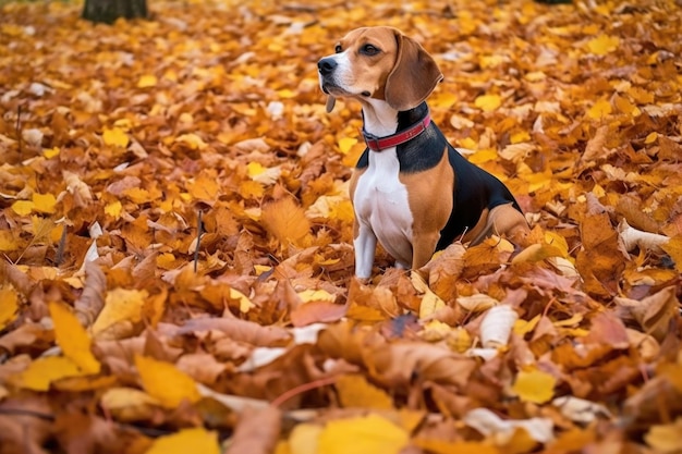 Beagle buscando olor en hojas de otoño creadas con inteligencia artificial generativa