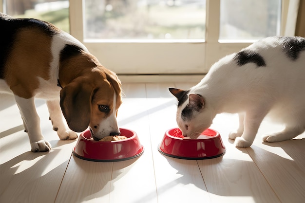 Foto beagle dog and white cat eating in sunlit indoor setting