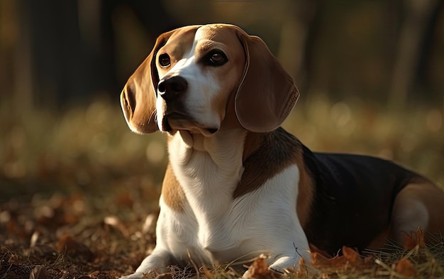 Beagle está sentado en la hierba en el parque profesional de publicidad foto post ai generado