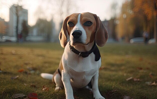 Beagle está sentado en la hierba en el parque profesional de publicidad foto post ai generado