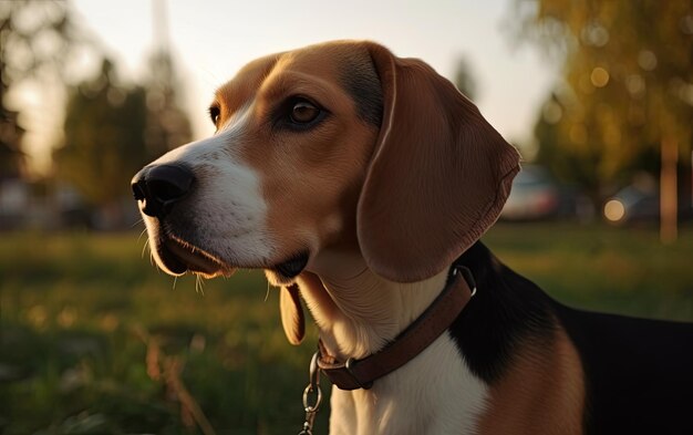 Beagle está sentado na grama no parque foto de postagem de publicidade profissional ai gerado