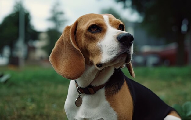 Foto beagle está sentado na grama no parque foto de postagem de publicidade profissional ai gerado