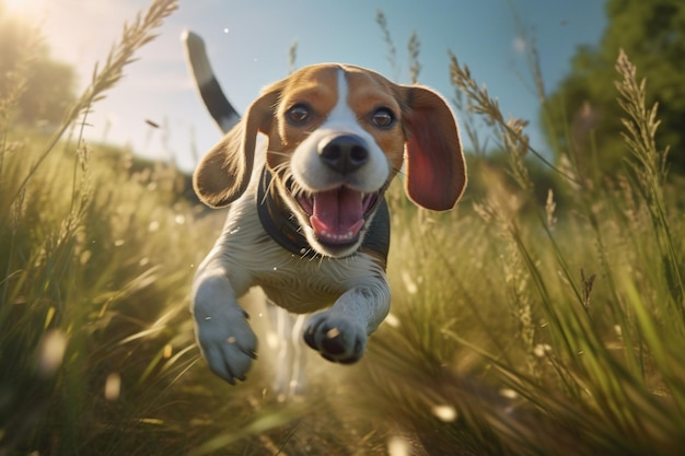 Beagle feliz saltando a través de la hierba alta con Generative ai