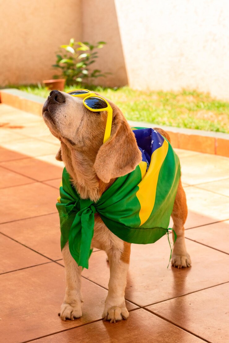 Foto beagle fofo com óculos amarelos e bandeira torcendo para o brasil ser o campeão