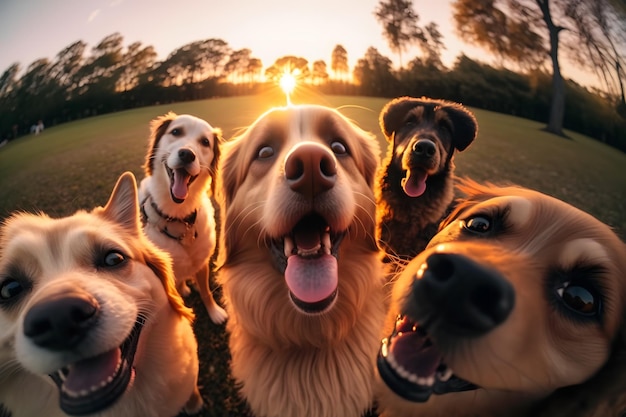 Beagle fofo olhando para a câmera enquanto tira uma selfie com outro beagle e um pug Rede neural gerada por IA