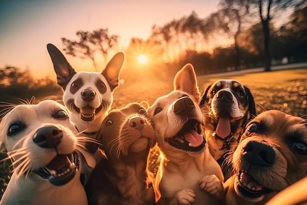 Beagle fofo olhando para a câmera enquanto tira uma selfie com outro beagle e um pug Rede neural gerada por IA