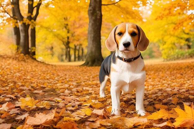 El beagle en el follaje de otoño