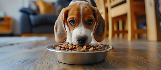 Beagle-Hündchen isst aus einer Schüssel