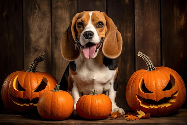 Beagle-Hund genießt Halloween mit Kürbissen