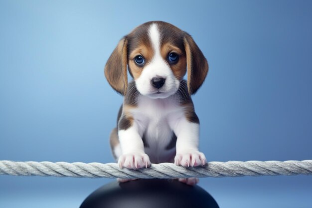 Beagle-Hund mit Seil auf blauem Hintergrund mit Kopierraum