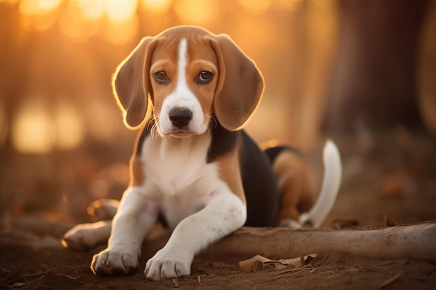 Beagle-Hund sitzt bei Sonnenuntergang auf dem Boden im Wald