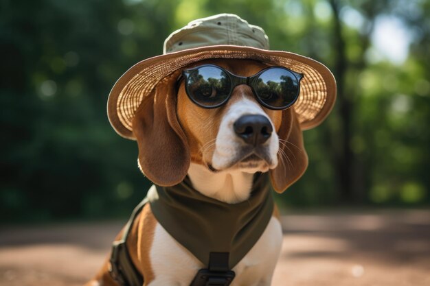 Beagle-Hund, verkleidet als Tourist, bei der Arbeit