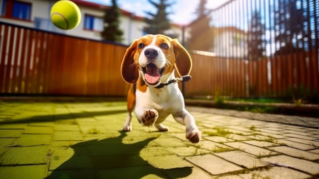 Beagle jugando con una pelota en el jardín, idea para una postal sobre el Día Mundial de los Animales generada por IA