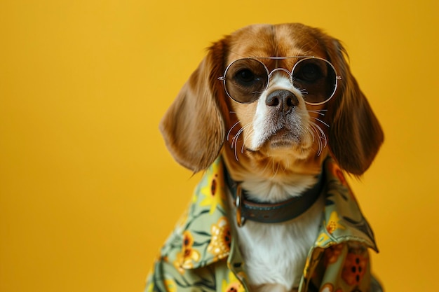 Beagle mit Kleidung und Sonnenbrille auf gelbem Hintergrund