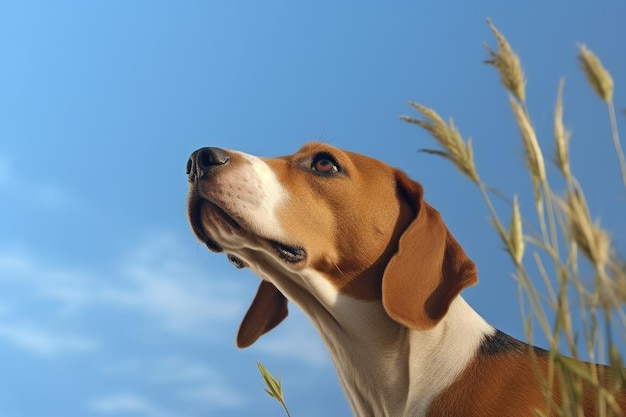 Beagle mit Nase in der Luft, der mit generativer KI erzeugte Gerüche im Wind einfängt