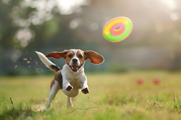 Un beagle persiguiendo un colorido frisbee en el aire orejas fl generativo ai