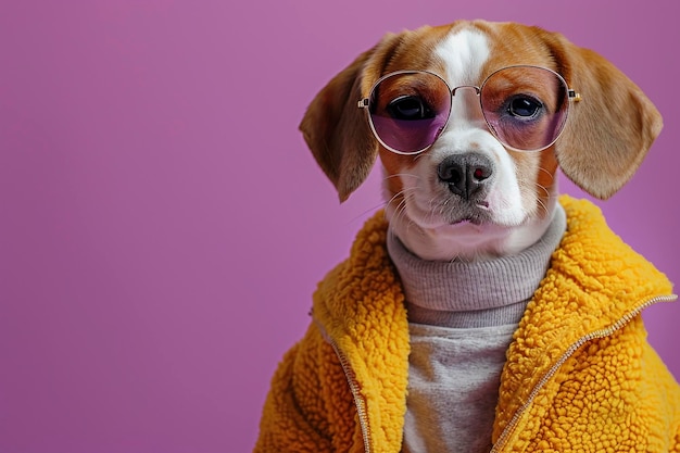 Beagle con ropa y gafas de sol en fondo púrpura