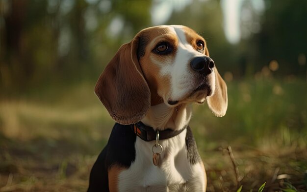 Foto beagle está sentado en la hierba en el parque profesional de publicidad post foto ai generado