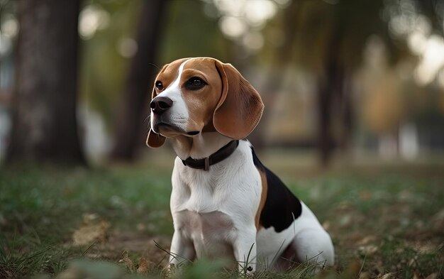 Beagle sitzt auf dem Gras im Park.