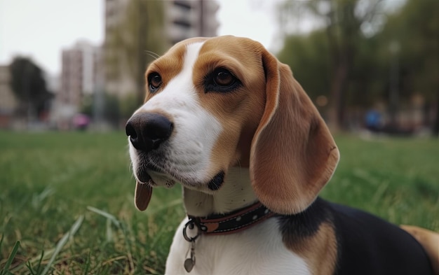 Beagle sitzt auf dem Gras im Park.