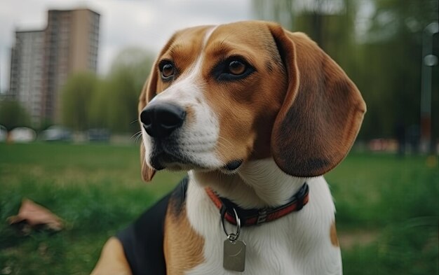 Beagle sitzt auf dem Gras im Park.