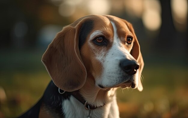 Beagle sitzt auf dem Gras im Park.