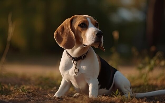 Beagle sitzt auf dem Gras im Park.