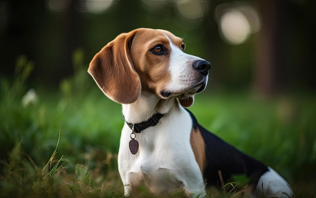 Beagle sitzt auf dem Gras im Park.