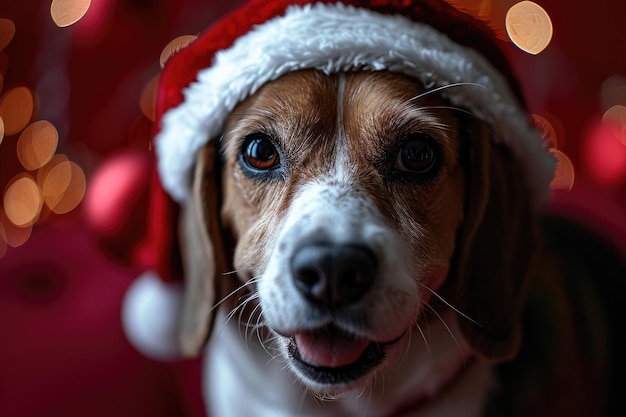 Beagle sonriendo con un retrato de sombrero de Navidad