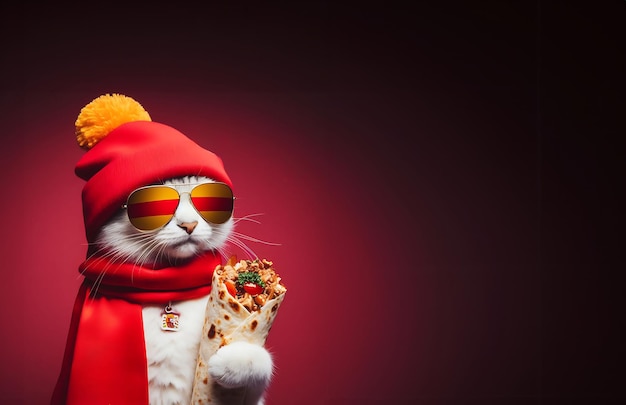 Foto un beanie con bandera española con señales de victoria haciendo gafas un gato con gafas disfrutando de una rotissería